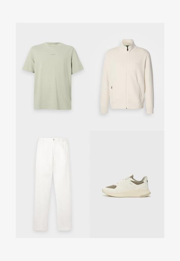 Oficialiai balta zip-up striukė su stovinčia apykakle, ilgomis rankovėmis, šoninėmis kišenėmis ir subtiliu "BOSS" logotipu kairėje krūtinės pusėje.; Šviesiai žalia medvilninė marškinėliai su apvalia apykakle, trumpomis rankovėmis ir mažuoju Calvin Klein logotipu tamsesnėje spalvoje spausdintu ant krūtinės.; Balti kelni, pagaminti iš lygaus audinio, turi tiesią kojos konstrukciją, priekinę klostę ir vieną mygtuką juosmens srityje.; Baltas ir šviesiai bežinis sportinis kedas, su tinklo viršumi, perforuotais detalėmis ir tekstūruotu tarpine su logotipu ant kulno.