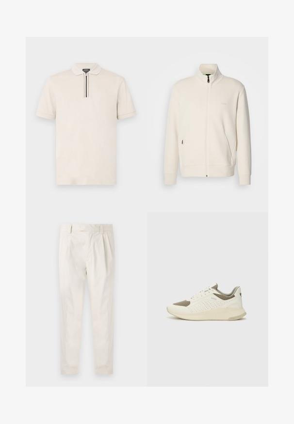 Krémová bunda na zips so stojatým golierom, dlhými rukávmi, bočnými vreckami a jemným logom "BOSS" na ľavej hrudi.; Krémová polokošeľa s krátkym rukávom a špicatým golierom, s uzatvárateľnou légu s čierno-bielymi pruhmi, vyrobená z textúrovanej látky.; Biele plisované nohavice s prispôsobeným strihom, s hladkou textúrou, pútkami na opasok a zúženými nohavicami. Žiadne viditeľné vrecká ani vzory.; Biele a svetlo béžové športové tenisky s hornou časťou z mriežkového materiálu, perforovanými detailmi a textúrovanou medzipodrážkou s logom na päte.