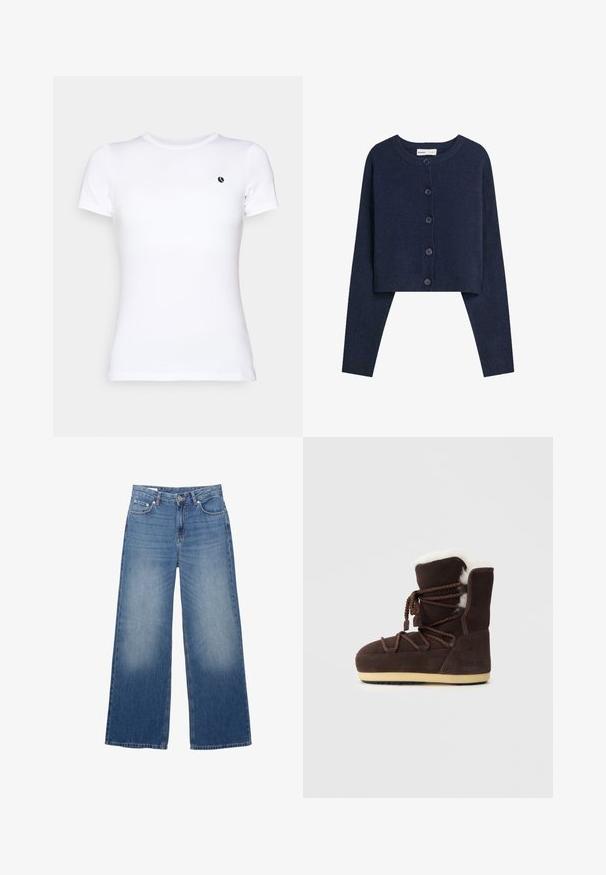 Mornarsko skrajšano jopico iz mehkega materiala z dolgimi rokavi, okroglo izrezom in zapenjanjem na šest gumbov spredaj.; Bela kratka majica z kratkimi rokavi, izdelana iz gladkega bombaža. Vključuje majhen črn logotip na prsih, krožni ovratnik in klasičen kroj.; Široke, svetlo modre kavbojke z bledejšim videzom, petimi žepi in gumbom za zapiranje v pasu. Iz bombažnega materiala, ravna kroja.; Rjavi semiš škorenj z belim umetnim krznom na vrhu, vezalkami in svetlo rjavim gumijastim podplatom. Na strani je napis "MOON BOOT."