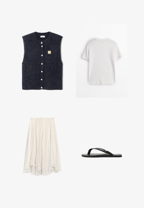 Gilet senza maniche di colore blu navy in maglia con un motivo testurizzato, dotato di bottoni bianchi e un piccolo etichetta quadrata di tessuto sul lato sinistro.; Maglietta bianca in cotone con maniche corte, collo rotondo e tessuto liscio. Il retro è semplice, senza motivi o disegni aggiuntivi.; Gonna a più pannelli di colore chiaro con un mix di tessuti a quadri e motivi, caratterizzata da un design fluido e una finitura texturizzata.; Infradito neri con suola piatta, soletta nera texturizzata, fasce lisce e un piccolo accento dorato vicino alla fascetta per le dita.