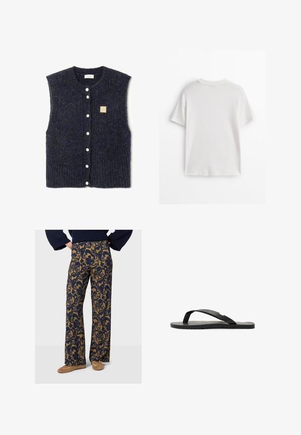 Námořnické modré bezrukávové pletené vesta s texturovaným vzorem, obsahující bílé knoflíky a malou čtvercovou látkovou nášivku na levé straně.; Bílé bavlněné tričko s krátkými rukávy, kulatým výstřihem a hladkou texturou. Zadní strana je jednoduchá bez dalších vzorů nebo designů.; Rozšířené kalhoty s květinovým námořnickým vzorem na béžovém pozadí, vyrobené z měkké tkaniny s hladkou texturou a širokým střihem.; Černé žabky s plochou podrážkou, texturovanou černou stélkou, hladkými pásky a malým zlatým akcentem u prostoru pro prsty.