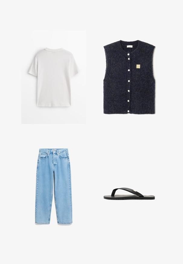 Gilet senza maniche di colore blu navy in maglia con un motivo testurizzato, dotato di bottoni bianchi e un piccolo etichetta quadrata di tessuto sul lato sinistro.; Maglietta bianca in cotone con maniche corte, collo rotondo e tessuto liscio. Il retro è semplice, senza motivi o disegni aggiuntivi.; Jeans in denim azzurro chiaro con una vestibilità ampia, vita alta, design a cinque tasche e una leggera scoloritura lungo le cuciture delle gambe.; Infradito neri con suola piatta, soletta nera texturizzata, fasce lisce e un piccolo accento dorato vicino alla fascetta per le dita.