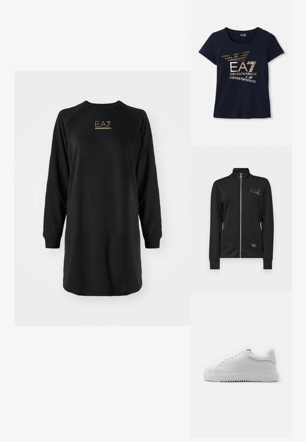 Černá bunda na zip s vysokým límcem, vyrobená z hladké látky. Má zlaté akcenty loga a přiléhavý střih s ribovanými manžetami.; Černé šaty s dlouhým rukávem, kulatým výstřihem a strukturovaným pleteným materiálem. Na hrudi se nachází zlaté logo "EA7 Emporio Armani".; Námořnická modrá tričko s krátkým rukávem vyrobené z bavlny, s metalicky zlatým grafickým logem, které obsahuje text a stylizované akcenty orlího křídla.; Bílé tenisky s texturovaným koženým svrškem, kulatou špičkou a šněrovacím designem. Silná bílá gumová podešev s texturovaným vzorem pro lepší trakci.