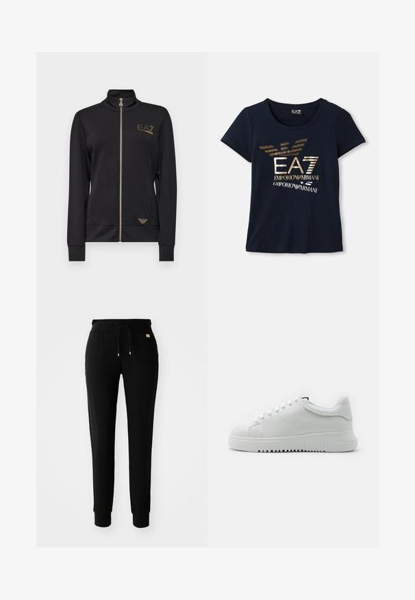 Melna zip-up jaka ar augstu apkakli, izgatavota no gludas auduma. Ar zelta logotipa akcentiem un pieguļošu dizainu ar ribotām piedurknēm.; Kreklu ar īsām piedurknēm, tumši zila colorā, izgatavots no kokvilnas, ar metālisku zelta grafiku, kas ietver tekstu un stilizētus ērgļa spārnu akcentus.; Melnas saīsinātas sporta bikses ar auklu jostasvietā un aplokiem, redzamas uz vienkrāsaina baltā fona.; Baltas sporta apavi ar teksturētu ādas virsu, apaļu purngalu un auklu aizdari. Bieza balta gumijas zole ar teksturētu saķeres rakstu.