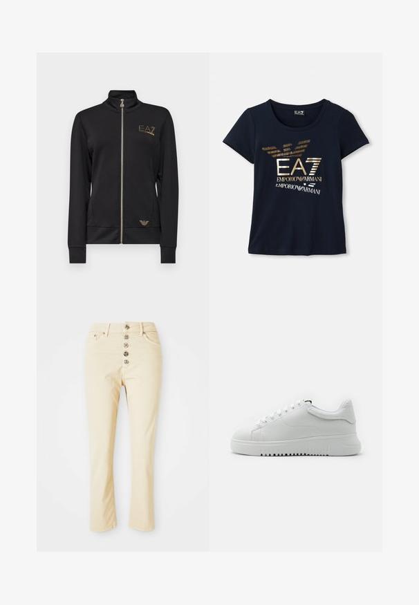 Giacca nera con zip e colletto alto, realizzata in tessuto liscio. Presenta dettagli del logo dorati e un design aderente con polsini a coste.; T-shirt blu navy a maniche corte realizzato in cotone, con un logo grafico in oro metallico che presenta testo e accenti stilizzati delle ali di un'aquila.; Jeans beige in cotone, con chiusura a bottoni frontale con cinque bottoni metallici e gambe dritte. Tessuto liscio e design classico.; Sneaker bianche con tomaia in pelle testurizzata, punta rotonda e chiusura con lacci. Suola spessa in gomma bianca con motivo di grip testurizzato.