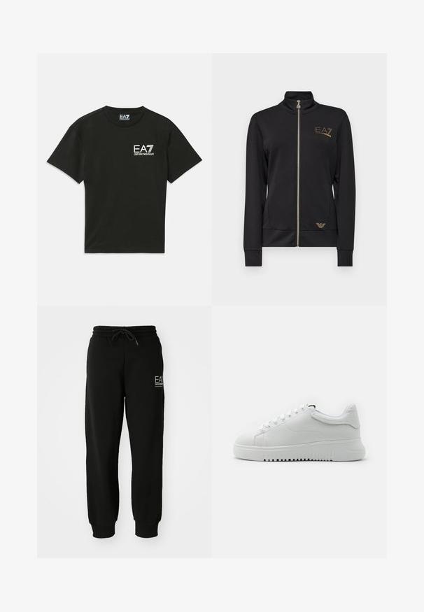 Svart hettejakke med glidelås, laget av glatt stoff. Har gulllogo-detaljer og en tettsittende design med ribbede mansjetter.; Svart t-skjorte med korte ermer og hvit "EA7 Emporio Armani" logo på venstre bryst og matchende nakkelabel.; Sorte joggebukser laget av myk bomullsblanding, med elastisk midjebånd, snor og innsnevrede ankler. Inkluderer logo-detalj foran.; Hvite joggesko med en strukturert skinnoverdel, rund tå og snøring. Tykkt hvitt gummisåle med gripestruktur.
