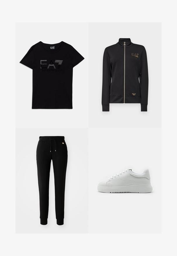 Black zip-up jacket with a high collar, made from smooth fabric. Features gold logo accents and a fitted design with ribbed cuffs.; Black cotton t-shirt with short sleeves, featuring "EA7" logo in rhinestones and "EMPORIO ARMANI" text in a contrasting design.; Black tapered sweatpants with drawstring waist and cuffed ankles, displayed on a plain white background.; White sneakers with a textured leather upper, round toe, and lace-up design. Thick white rubber sole with textured grip pattern.