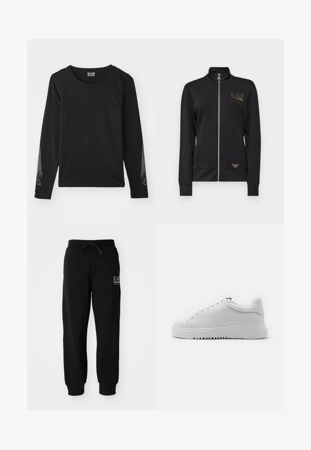 Svart hettejakke med glidelås, laget av glatt stoff. Har gulllogo-detaljer og en tettsittende design med ribbede mansjetter.; Svart langermet skjorte laget av mykt materiale, med rund halslinning og sølvdetaljer langs ermene i et gradientmønster.; Sorte joggebukser laget av myk bomullsblanding, med elastisk midjebånd, snor og innsnevrede ankler. Inkluderer logo-detalj foran.; Hvite joggesko med en strukturert skinnoverdel, rund tå og snøring. Tykkt hvitt gummisåle med gripestruktur.
