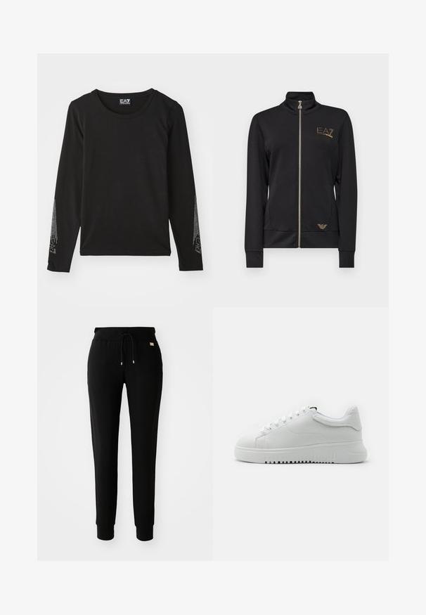 Fekete cipzáras dzseki magas gallérral, sima anyagból készült. Arany logókkal díszítve, testhez simuló fazonnal és bordás mandzsettákkal.; Fekete, hosszú ujjú póló, puha anyagból készült, kerek nyakkivágással és ezüst díszítéssel az ujjain, amely fokozatos mintázatban helyezkedik el.; Fekete, szűkített fazonú melegítőnadrág, zsinóros derékkal és gumi mandzsettával, sima fehér háttéren bemutatva.; Fehér sportcipők strukturált bőrfelsővel, kerek orrával és fűzős kialakítással. Vastag fehér gumi talp, texturált tapadó mintával.