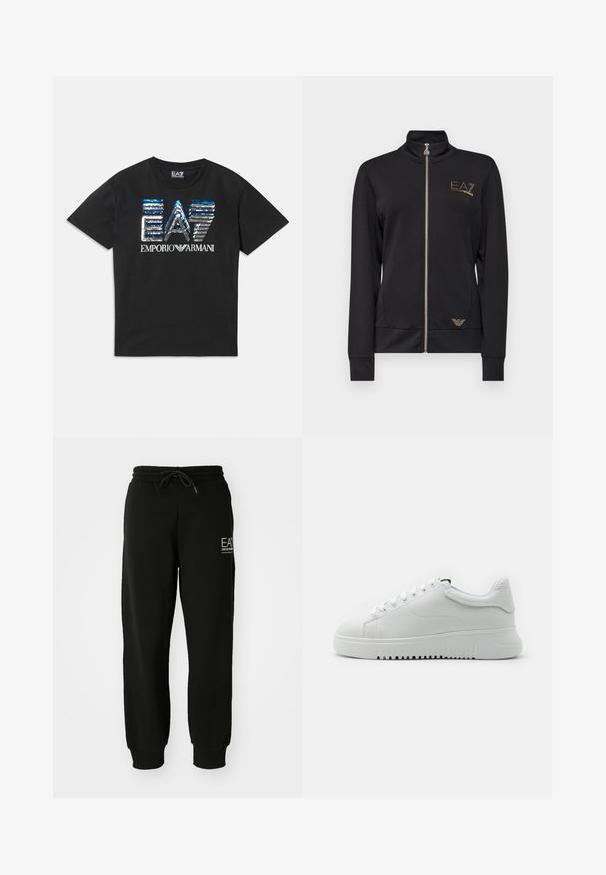 Svart hettejakke med glidelås, laget av glatt stoff. Har gulllogo-detaljer og en tettsittende design med ribbede mansjetter.; Svart t-skjorte med kort erm og blå og sølv paljetter på "EA7"-logoen, samt hvit "Emporio Armani"-tekst på forsiden.; Sorte joggebukser laget av myk bomullsblanding, med elastisk midjebånd, snor og innsnevrede ankler. Inkluderer logo-detalj foran.; Hvite joggesko med en strukturert skinnoverdel, rund tå og snøring. Tykkt hvitt gummisåle med gripestruktur.