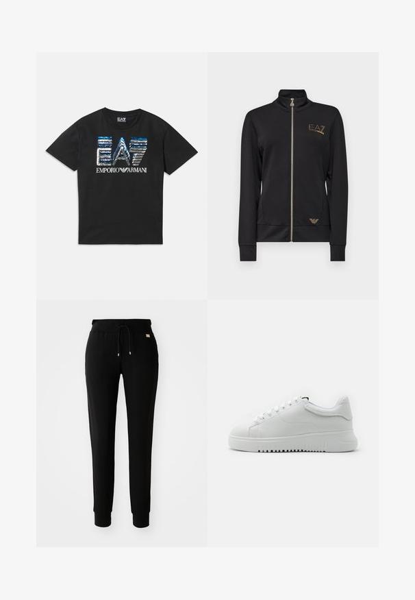Czarna kurtka na zamek z wysokim kołnierzem, wykonana z gładkiego materiału. Posiada złote akcenty z logo oraz dopasowany krój z prążkowanymi mankietami.; Czarny t-shirt z krótkim rękawem z niebieskim i srebrnym cekinowym logo "EA7" oraz białym tekstem "Emporio Armani" z przodu.; Czarne zwężające się dresy z elastycznym paskiem i ściągaczem na kostkach, wyeksponowane na prostym białym tle.; Białe sneakersy z fakturowaną skórzaną cholewką, okrągłym noskiem i wiązanym fasonem. Gruba, biała gumowa podeszwa z fakturowanym wzorem antypoślizgowym.