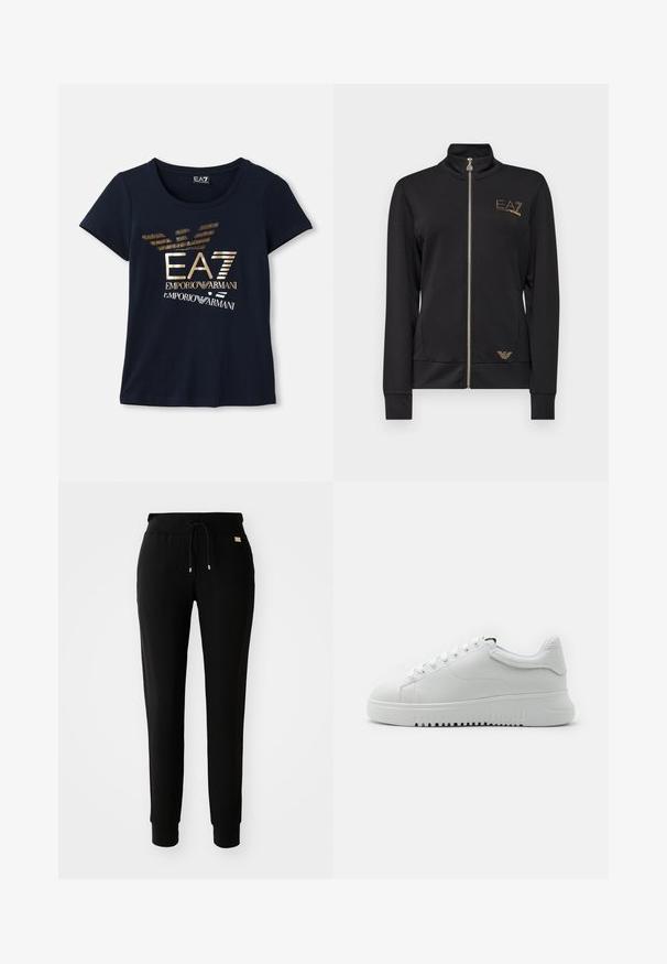Svart hettejakke med glidelås, laget av glatt stoff. Har gulllogo-detaljer og en tettsittende design med ribbede mansjetter.; Mørkeblå t-skjorte med kort erm laget av bomull, med et metallisk gull grafisk logo med tekst og stiliserte ørnevinge-accents.; Sorte tapered joggebukser med snøring i livet og mansjetter ved anklene, vist på en enkel hvit bakgrunn.; Hvite joggesko med en strukturert skinnoverdel, rund tå og snøring. Tykkt hvitt gummisåle med gripestruktur.