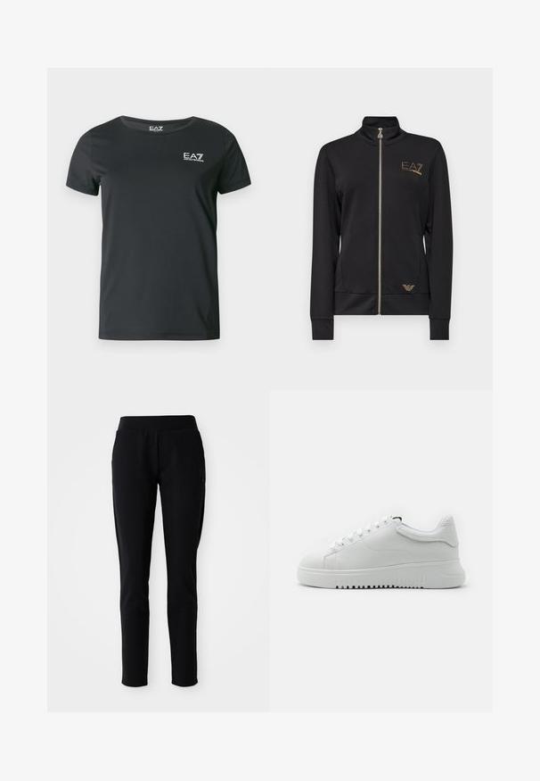 Jachetă neagră cu fermoar, cu guler înalt, realizată dintr-un material neted. Prezintă detalii cu logo auriu și un design ajustat, cu manșete împletite.; Tricou negru cu mâneci scurte dintr-un material neted, cu guler rotund și un mic logo alb EA7 pe piept.; Pantaloni de sport negri cu o siluetă ajustată, talie elastică și buzunare laterale, având un detaliu subtil al logo-ului pe piciorul stâng.; Adidași albi cu un superior din piele texturată, vârf rotund și design cu șireturi. Talpă din cauciuc albă groasă cu un model de prindere texturat.