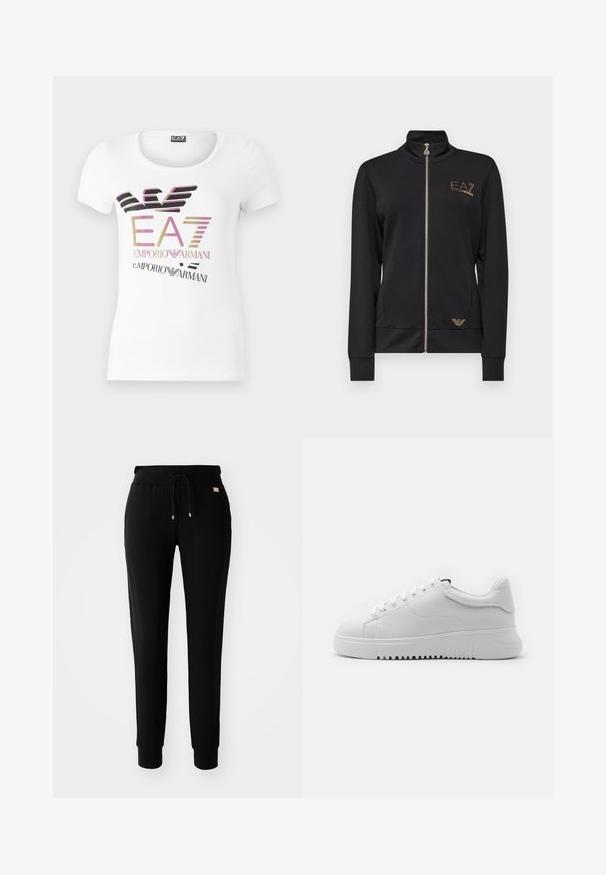 Must mustaga takjakk, kõrge kaelusega, valmistatud siledast kangast. Omab kuldseid logo aksessuaare ja sobituvat disaini koos soonikkoes mansettidega.; Valge puuvillane T-särk ümmarguse kaelusega, mille esipooltel on mitmevärviline graafiline logo kujundus "EA7 Emporio Armani".; Mustad mustad pingutustega dressipüksid, millel on küljes tõmbluku ja varrukad, esitletud lihtsal valgel taustal.; Valged tossud tekstuuriga nahkülemisega, ümara varbaga ja paeltega disain. Paks valge kummitald tekstuuriga haardemustriga.