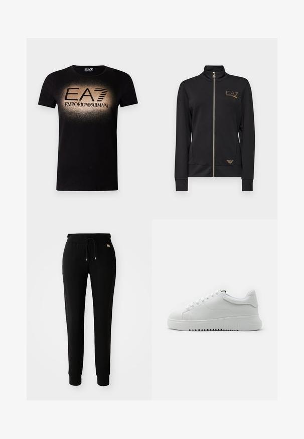 Casaco preto com fecho éclair e gola alta, feito de um tecido suave. Apresenta detalhes em logo dourado e um design ajustado com punhos canelados.; T-shirt preta de algodão com um logótipo em degradé dourado e "EA7 EMPORIO ARMANI" em letras maiúsculas em destaque no peito. Manga curta.; Calças de sweat preto ajustadas com cordão na cintura e pernas com punho, expostas sobre um fundo branco liso.; Sapatilhas brancas com um upper de couro texturizado, bico arredondado e design de atacadores. Sola grossa de borracha branca com padrão de aderência texturizado.