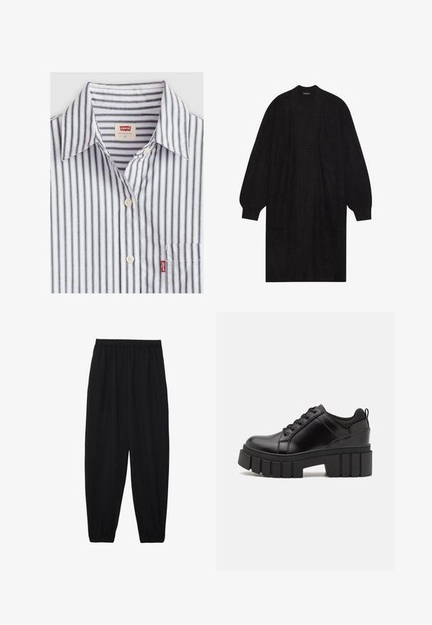 Musthave musternööriga must kudum, pikkade varrukatega, avatud esiosaga ja kahe ees oleva taskuga. Omab tekstuurset mustrit ning soonikkoes mansette ja ääre.; Triibuline lühikeste varrukatega särk valges ja hallis, millel on nööpidega krae ja tasku. Puuvillane materjal, mis on sileda tekstuuriga.; Mustad, kerge kangas püksid elastse vöökoha ja kokku volditud pahkluudega. Kanga pind on sile ja disain on lõdvestunud, kitsenev.; Must musta platvormsussid paksu plokkninal, ümmarguse varbaga ja traditsioonilise nööridega kinnitamisega. Sussid on sileda tekstuuriga ja minimaalsete detailidega.