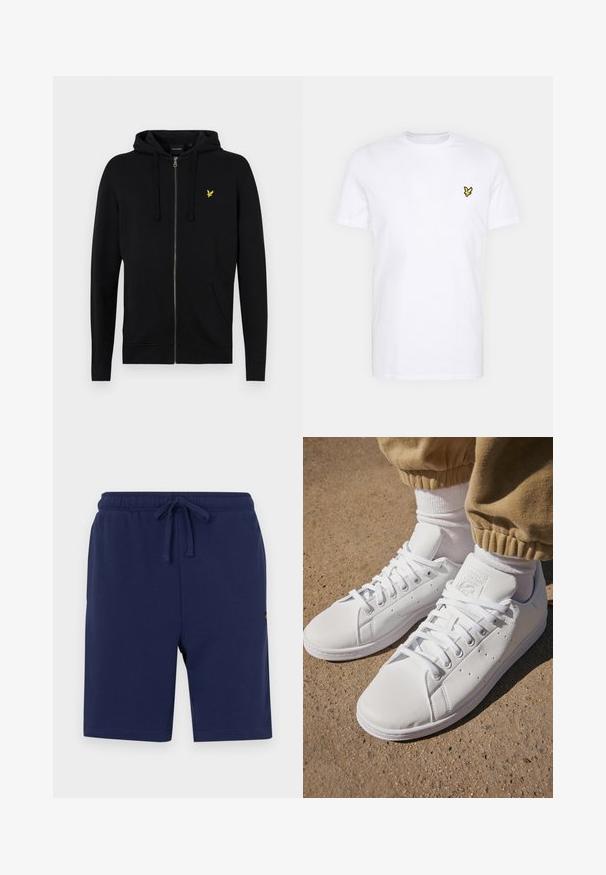 Black zip-up hoodie made from soft fabric, featuring a drawstring hood, front pockets, and a small yellow eagle logo on the chest.; White cotton T-shirt featuring a small black and yellow embroidered logo on the left chest. Short sleeves and a crew neckline.; Navy blue shorts made of soft cotton blend, featuring an elastic waistband with drawstring and side pockets.; White leather sneakers with a smooth surface, featuring a classic lace-up design, perforations for breathability, and a textured rubber outsole.