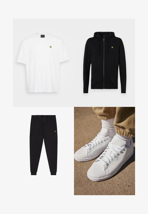 Hoodie zippé noir en tissu doux, avec une capuche à cordon de serrage, des poches avant et un petit logo d'aigle jaune sur la poitrine.; T-shirt en coton blanc avec des manches courtes, un col rond et un petit logo d'oiseau jaune brodé sur la poitrine gauche.; Pantalon de jogging noir avec taille élastique et cordon de serrage, jambes fuselées avec poignets, et petit logo jaune brodé sur la cuisse droite.; Baskets en cuir blanc avec une surface lisse, présentant un design classique à lacets, des perforations pour la respirabilité et une semelle extérieure en caoutchouc texturé.