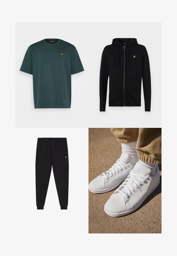 Svart zip-up hoodie gjord av mjukt material, med en justerbar huva, framfickor och en liten gul örnlogotyp på bröstet.; Lyle & Scott PLAIN - T-shirt - bas - teal; Svarta joggerbyxor med elastisk midjeresår och dragsko, avsmalnande ben med mudd, och liten gul broderad logga på höger lår.; Vita lädersneakers med en slät yta, med en klassisk snörningsdesign, perforeringar för andningsförmåga och en texturerad gummisula.