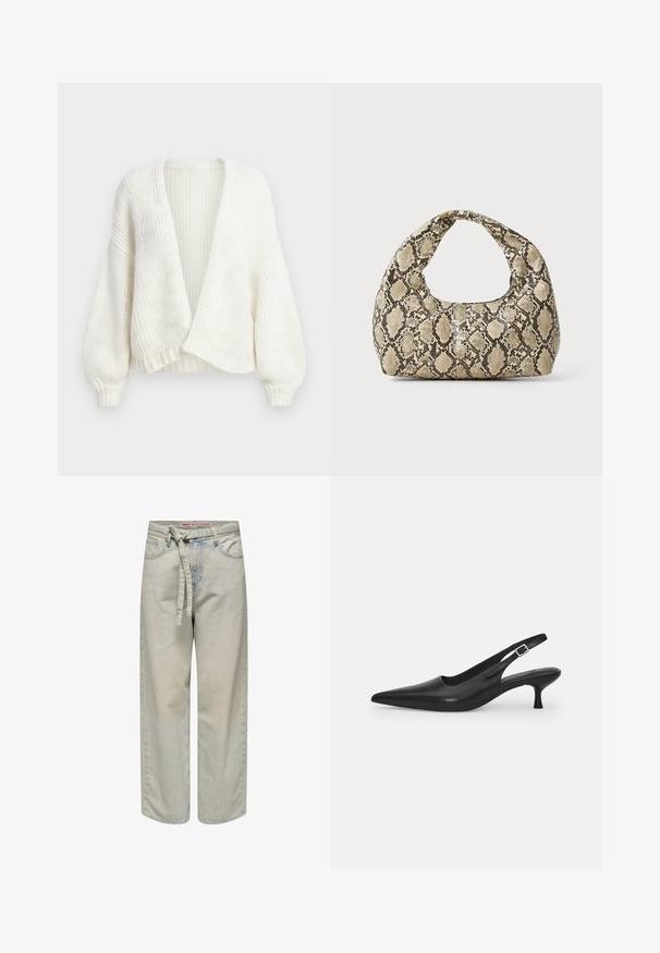 Valge soonikkoega kootud kardigan avatud esiosaga, langevate õlgade ja pikkade õhupallvarrukatega, mis on kitsendatud varrukaotsad.; Valge nööpidega särk, mis on valmistatud siledast puuvillast. Särgil on klassikaline krae, pikad varrukad ja kaarduv äär. Nöödid on väikesed ja valged.; Mahedanehe sinised laiad teksad, millel on vööga talje, koos kulumise detailide ja klassikalise viie tasku disainiga, valmistatud denimpangast.; Mustmustast musta nahast slingback king, millel on terav varvas ja kitsas, kumer konts. Omab diskreetset reguleeritavat rihma metallist pandlaga.; Musta käärmeprindiga kott kõveraga käepidemega. Valmistatud tekstiilsetest, beežidest ja pruunidest materjalidest, millel on iseloomulik rombikujuline muster.