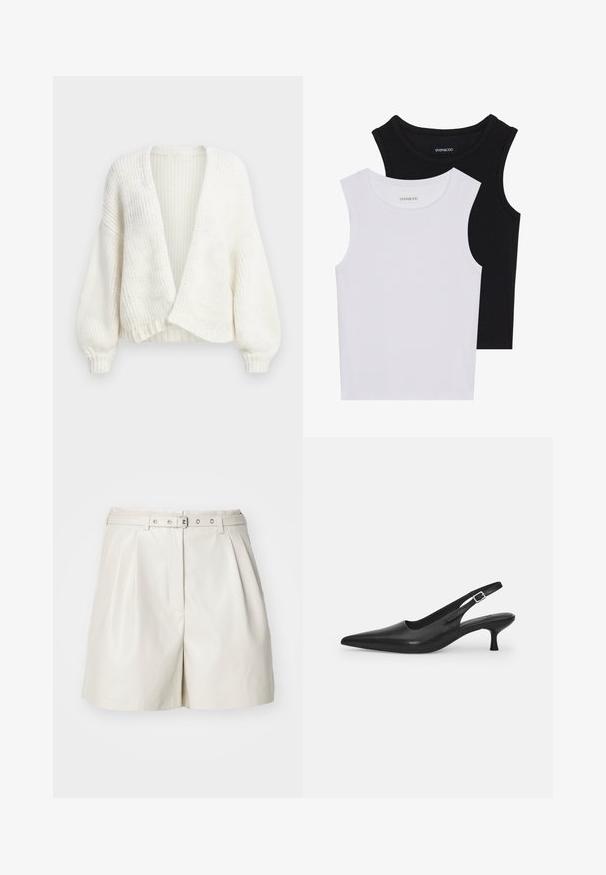 Valkoinen ribbineulottu neuletakki, jossa avoin etu, lasketut olkapäät ja pitkät ilmapallohelmalla varustetut hihat, joissa on kapeat hihansuut.; Kaksi hihattomaa toppia mustana ja valkoisena, valmistettu ribbikankaasta, jossa on pyöreät kaula-aukot ja tiukka muotoilu. Tunnisteet näkyvät molemmissa.; ONLY ONLHEIDI - Shortsit - pumice stone; Mustan nahkainen slingback-kengät, joissa on terävä nenä ja kapea, kaareva korko. Varustettu huomaamattomalla säädettävällä hihnalla, jossa on metallinen solki.