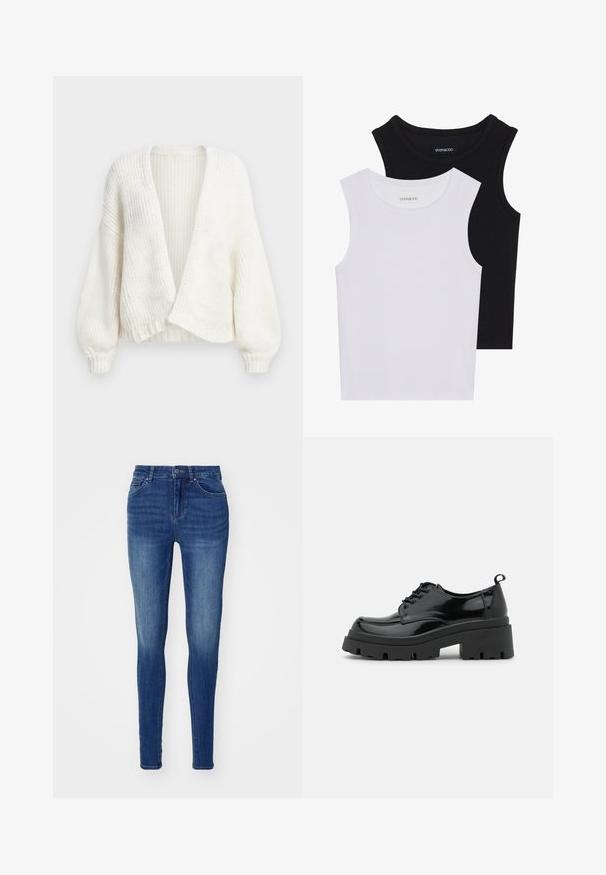 Biely rebrovaný pletený kardigán s otvoreným predným dielom, spustenými ramenami a dlhými balónovými rukávmi s priliehavými manžetami.; Dve bezrukávové topy v čiernej a bielej farbe, vyrobené z rebrovanej bavlny, s okrúhlym výstrihom a priliehavým strihom. Viditeľné štítky na oboch.; Modré džínsové skinny nohavice s hladkou textúrou, dizajnom s piatimi vreckami a zapínaním na gombík. Obsahujú vyblednuté oblasti pre opotrebovaný vzhľad.; Čierne lakované topánky s hrubou platformou a hrubými šnúrkami. Zaoblená špička, minimálne detaily a malá pätka na zadnej strane.