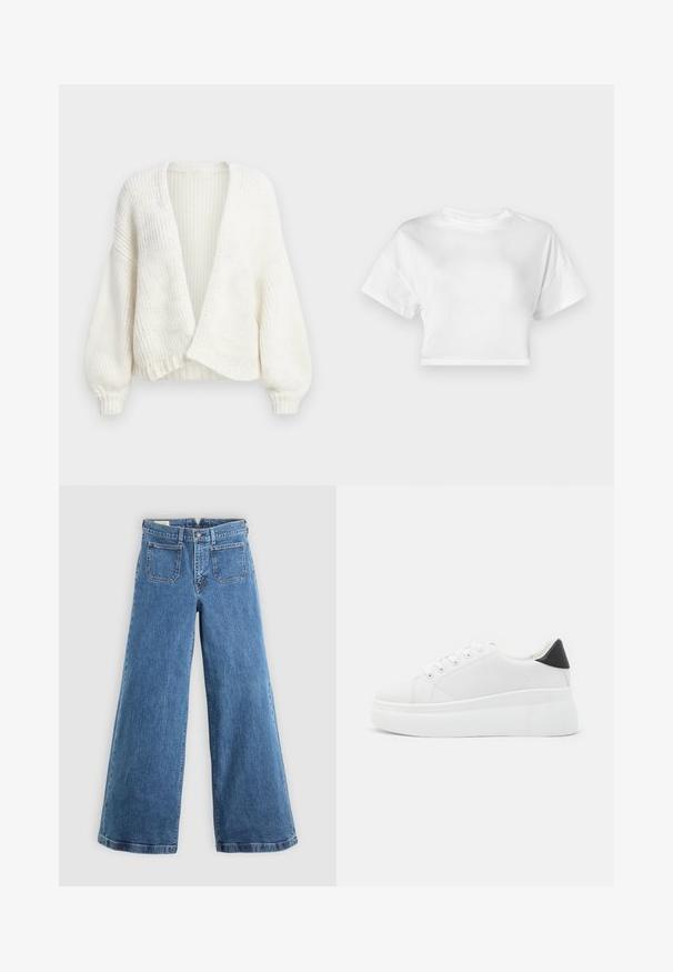 Bel beli rebrasti pulover s sprednjim odprtim delom, spuščenimi rameni in dolgimi balonasti rokavi s prilegajočimi se manšetami.; Bela skrajšana majica iz bombaža. Kratke roke, okrogla ovratnika, gladka tekstura, sproščen dizajn brez vzorcev ali okrasnih elementov.; Modre visokorzne široke jeans hlače z sprednjimi žepi, zankami za pas, z gumbom in zadrgo na enobarvni podlagi.; Bele platform tenisice izdelane iz gladkega sintetičnega materiala, z zaobljenim prstom, sistemom vezalk in teksturiranim gumijastim podplatom. Črn dodatek na peti.