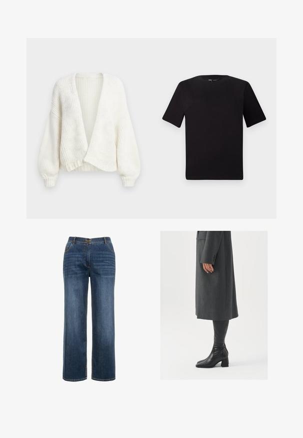 Cardigan bianco in maglia a coste con apertura frontale, spalle scese e maniche lunghe a palloncino con polsini aderenti.; T-shirt nera a maniche corte con scollatura rotonda, realizzata in morbido cotone. Design semplice, senza loghi o motivi visibili.; Jeans in denim blu scuro con una vestibilità a gamba dritta, tasche frontali, chiusura a zip e cuciture a contrasto visibili.; Cappotto grigio su misura con taglio dritto; abbinato a stivali in pelle nera al ginocchio con punta quadrata e tacco grosso.