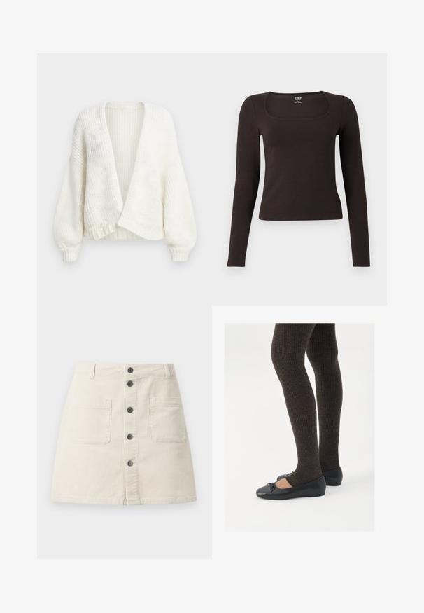 Witte geribbelde gebreide cardigan met een open voorkant, verlaagde schouders en lange ballonmouwen met aansluitende manchetten.; Zwarte lange mouwen, getailleerde top met een vierkante halslijn, gelabeled GAP, weergegeven op een witte achtergrond.; Beige corduroy mini-jurk met een voorzijde knoopsluiting, twee grote opgestikte zakken en riemlussen aan de tailleband.; Zwarte platte schoenen met een kleine strikdetail op de neus, gecombineerd met donkerbruine geribbelde panty’s. De schoenen hebben een gladde textuur en een lage profiel.