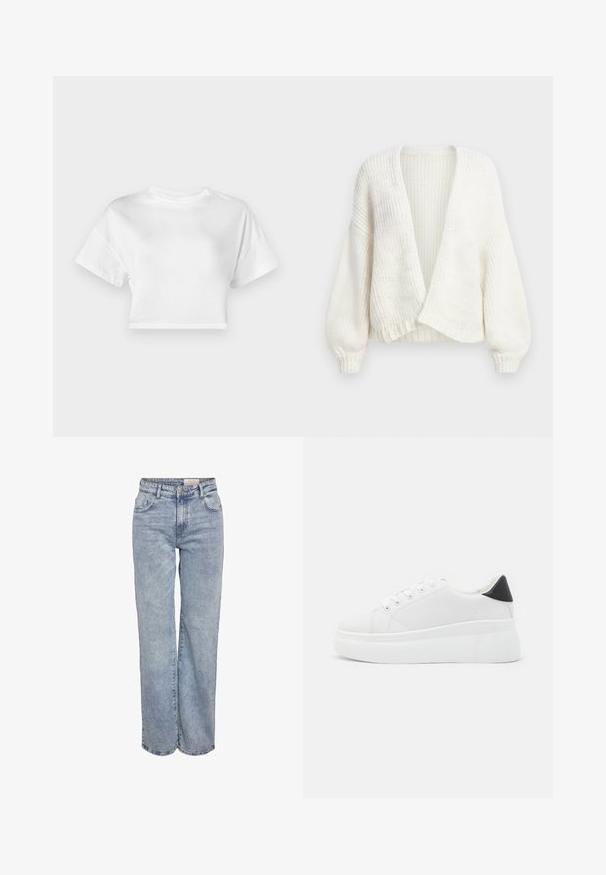 Cardigã branco em malha de côrte canelado com frente aberta, ombros caídos e mangas compridas bufantes com punhos ajustados.; Camiseta cropped branca em algodão. Mangas curtas, decote redondo, textura suave, design casual sem padrões ou embellishments.; Jeans de perna larga em azul-claro, feitos de denim, com cintura alta, design de cinco bolsos e um desvanecimento sutil para um aspeto usado.; Tênis plataforma brancos feitos de material sintético suave, apresentando ponta arredondada, design com cadarços e sola de borracha texturizada. Acento preto no calcanhar.