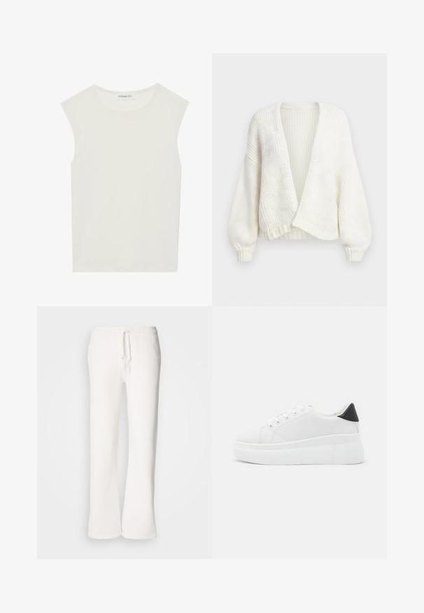 Weiße gerippte Strickjacke mit offenem Vorderteil, überschnittenen Schultern und langen Ballonärmeln mit enganliegenden Bündchen.; Weißes ärmelloses Top mit rundem Ausschnitt. Hergestellt aus glattem Stoff, hat es einen lässigen Schnitt und minimalistisches Design. Keine Muster oder Akzente.; Weiße, locker sitzende Schlafanzughosen aus weichem Material, mit einem elastischen Bund und Kordelzug sowie geradem Bein.; Weiße Plateausneaker aus glattem Kunstmaterial, mit runder Zehenform, Schnürdesign und einer strukturierten Gummisohle. Schwarzer Fersenakzent.