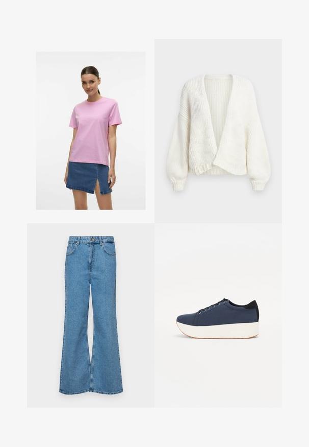Bílý pruhovaný pletený kardigan s otevřeným předním dílem, spadlými rameny a dlouhými balónovými rukávy s přiléhavými manžetami.; Krátký rukáv růžové bavlněné tričko s kulatým výstřihem, doplněné o džínovou minisukni s předním rozparkem. Jednoduchý a ležérní design.; Světle modré rozšířené džíny z denimu, se zvýšeným pasem, pěti kapsami a jedním knoflíkem na zapínání. Měkký povrch s vybledlým vzhledem.; Námořnické modré tenisky s texturovaným textilním svrškem, bílou platformovou podrážkou, kulatou špičkou a černým akcentem na patě. Obsahují šest očíček pro tkaničky.