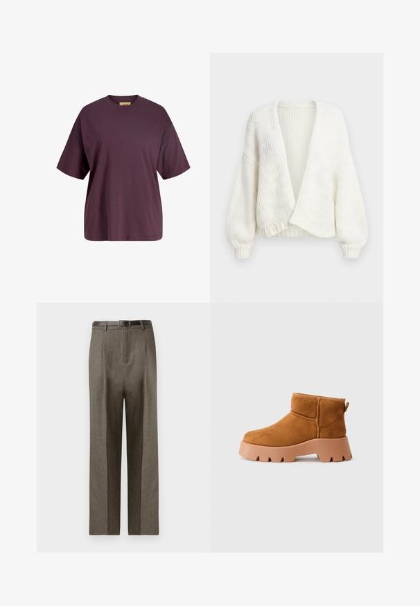 Fehér bordázott kötött kardigán nyitott elejű, lehajtott vállú és hosszú, ballon ujjú, szűk mandzsettákkal.; Túlméretezett, rövid ujjú póló sötétlila pamutból. Klasszikus kerek nyakú design sima textúrával és diszkrét logóval.; Barna, egyenes szabású, testre szabott nadrág sima textúrával, övhurkokkal és lapos elülső kialakítással.; Tan színű velúr boka csizmák lekerekített orral, texturált barna talppal és húzófüllel. Kiemelkedő jellemzői a varrott varrat és a vastag talpú kialakítás.