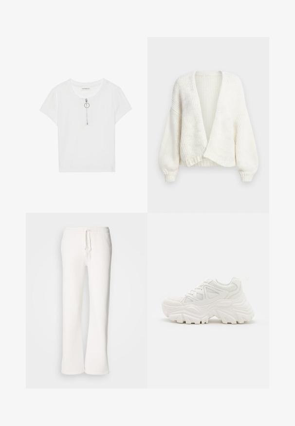 Hvid ribstrikket cardigan med åben front, faldskuldre og lange ballonærmer med tætsiddende manchetter.; Hvid stribet kortærmet skjorte med lynlås og sølvfarvet ringetræk. Rund halsudskæring og løs pasform, fremstillet af et blødt tekstil.; Hvide, afslappede sweatpants lavet af blødt materiale, med elastisk talje og snor samt lige ben.; Hvide chunky sneakers med en tekstureret overdel, mesh-paneler og tykke gummisåler med et markant dækmønster. Snørebånd og en pull-tab medfølger.