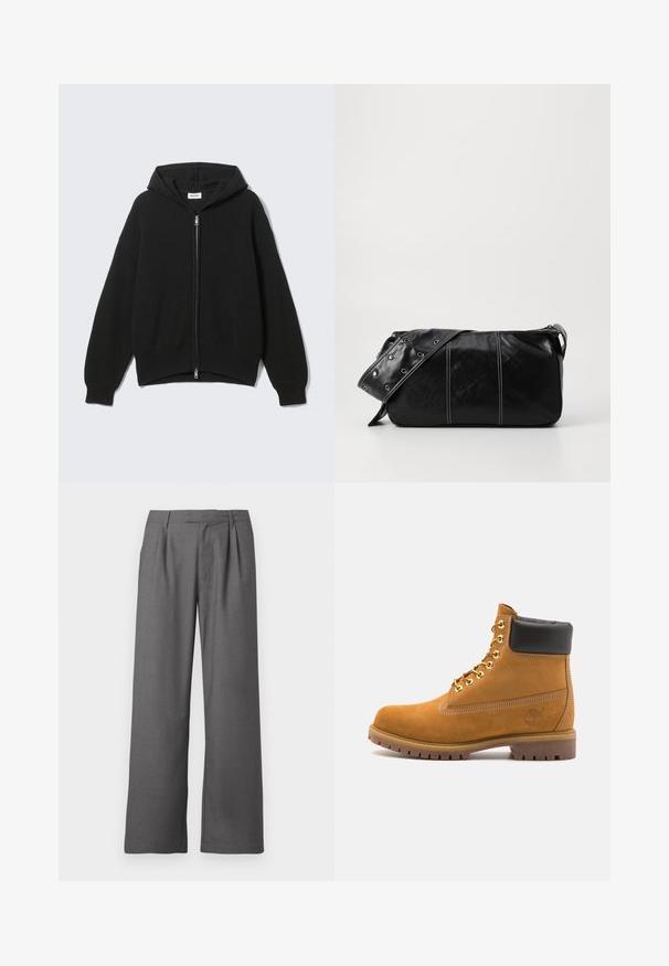 Svart strikket hettejakke med glidelås, ribbestruktur, brede ermer og en avslappet passform. Har en sølvfarget glidelås og myk fôr.; Lys grå langermet polo skjorte laget av myk stoff, med krave i hvit og fire knapper. Jevn tekstur, uformell design.; Grå vide bukser laget av glatt stoff, med en plystre foran, sidelommer og et skreddersydd liv med beltestropper.; Beige semskede ankelstøvel med svart polstret krage, gullmetalløyer, hvite sømdetaljer og robust gummisåle med påfallende mønster.; Svart lær skulderveske med glidelås, med teksturert overflate, hvite sømmer og en stropp med sølvringer.