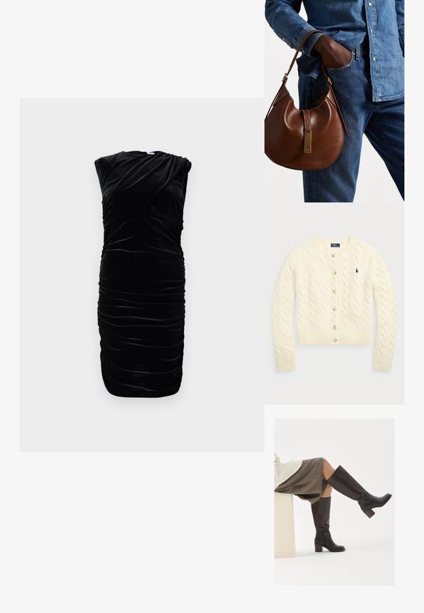 Polo Ralph Lauren CABLE-KNIT WOOL-CASHMERE CARDIGAN - Strickjacke - authentic cream; Schwarzes Samtkleid mit kurzen Ärmeln, drapierter Gestaltung und geraffter Textur an den Seiten. Knielang, glatte Oberfläche und subtiler Glanz.; Braune Lederstiefel bis zum Knie mit eckiger Zehenpartie, blockiertem Absatz und seitlichem Reißverschluss. Glatte Oberfläche mit polierter Optik.; Braune Leder-Hobo-Tasche mit runder Form, ausgestattet mit goldenen Hardware-Details und kontrastierenden Nähten. Kombiniert mit einem Jeanshemd und Jeans.