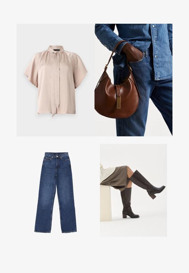 Polo Ralph Lauren CABLE-KNIT WOOL-CASHMERE CARDIGAN - Cardigan - authentic cream; Kortærmet bluse i lys beige satin med høj krave, der har en bånddetalje samt bølgede kanter på ærmerne. Glat tekstur.; Bredde ben blå denim jeans med høj talje, der har en knaplukning, fem lommer og diskret falmning på stoffet.; Brune læder støvler til knæene med firkantet tå, kraftig hæl og sidelukning. Glat tekstur med en poleret overflade.; Brun læder hobo taske med en afrundet form, der har et guldhardware-element og kontraststing. Sammen med en denimskjorte og jeans.