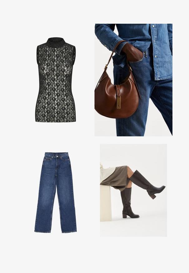 Polo Ralph Lauren CABLE-KNIT WOOL-CASHMERE CARDIGAN - Cardigan - authentic cream; Sort blonde-lace ærmeløs top med høj hals, der har et indviklet blomstermønster og en tætsiddende pasform. Let glans synlig på stoffet.; Bredde ben blå denim jeans med høj talje, der har en knaplukning, fem lommer og diskret falmning på stoffet.; Brune læder støvler til knæene med firkantet tå, kraftig hæl og sidelukning. Glat tekstur med en poleret overflade.; Brun læder hobo taske med en afrundet form, der har et guldhardware-element og kontraststing. Sammen med en denimskjorte og jeans.