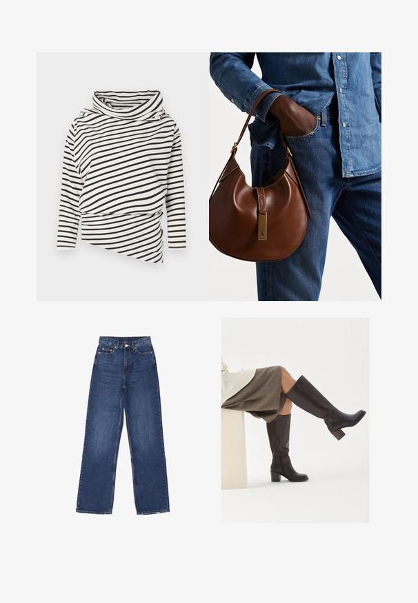 Polo Ralph Lauren CABLE-KNIT WOOL-CASHMERE CARDIGAN - Gilet - authentic cream; Haut asymétrique à manches longues crème avec des rayures noires, présentant un col haut et un design drapé à l'avant avec une finition texturée.; Jean en denim bleu à jambe large et taille haute, avec un système de fermeture à bouton, cinq poches et un léger délavage sur le tissu.; Bottes en cuir marron, montantes jusqu'au genou, avec un bout carré, un talon épais et une fermeture éclair latérale. Texture lisse avec une finition polie.; Sac en cuir marron de style hobo avec une forme arrondie, mettant en avant un accent en métal doré et des coutures contrastantes. Assorti à une chemise en denim et un jean.