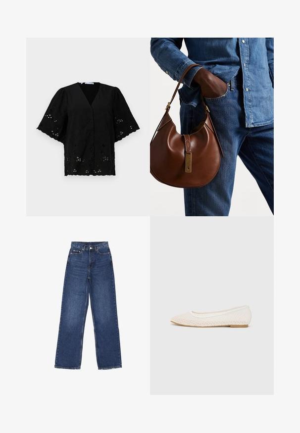 Polo Ralph Lauren CABLE-KNIT WOOL-CASHMERE CARDIGAN - Strickjacke - authentic cream; Schwarze Kurzarmbluse mit V-Ausschnitt, versehen mit floralen Stickereien und Cut-Out-Details. Weicher Stoff mit strukturierter Oberfläche.; Weite blaue Jeans mit hoher Taille, Knopfverschluss, fünf Taschen und subtilen Verwaschungen auf dem Stoff.; Weiße flache Schuhe mit einem Netzdesign, spitz zulaufender Zehenpartie und einer niedrigen, flachen Sohle. Strukturiertes Obermaterial mit einem glatten Innenfutter und subtilen Kontrastakzenten.; Braune Leder-Hobo-Tasche mit runder Form, ausgestattet mit goldenen Hardware-Details und kontrastierenden Nähten. Kombiniert mit einem Jeanshemd und Jeans.