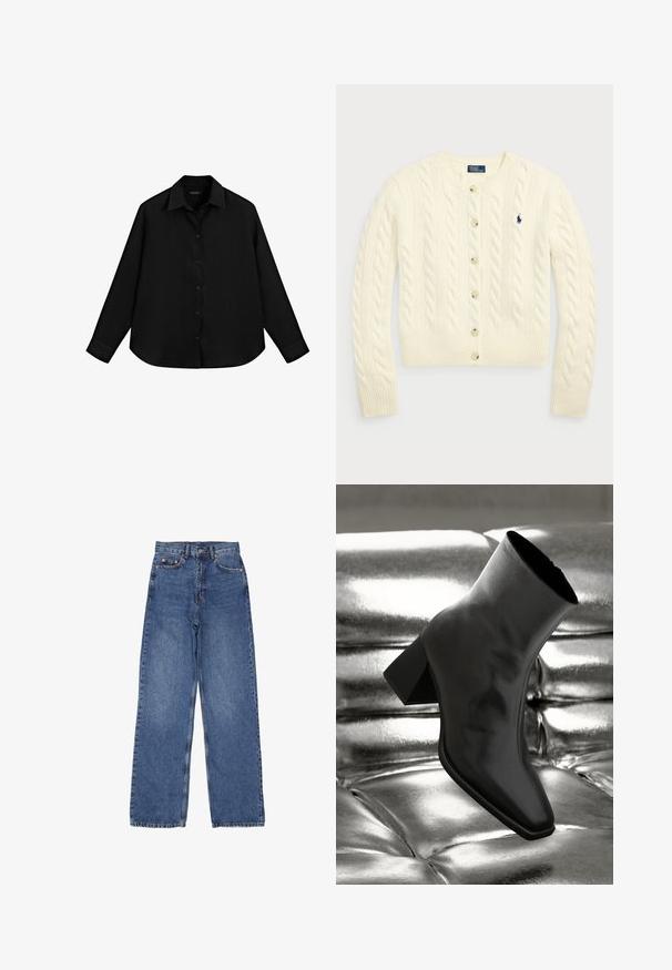 Polo Ralph Lauren CABLE-KNIT WOOL-CASHMERE CARDIGAN - Cardigan - authentic cream; Black long-sleeve shirt made of lightweight material, featuring a button-down front, pointed collar, and rounded hem.; Denim jeans with a high waist and wide legs, featuring a classic blue wash, visible stitching, and metal hardware on the front pocket.; Black ankle boot made of glossy material with a square toe and tapered heel, set against a shiny silver tufted background.
