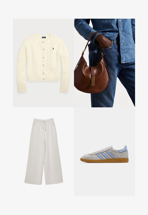 Polo Ralph Lauren CABLE-KNIT WOOL-CASHMERE CARDIGAN - Neuletakki - authentic cream; Valkoinen t-paita, joka on valmistettu puuvillasta, pyöreällä pääntiellä, lyhyillä hihoilla ja rentona istuvuutena. Suora pinta ilman kuvioita tai koristeluita.; Vaaleanharmaat leveälahkeiset housut, jotka on valmistettu pehmeästä kankaasta, elastisella vyötäröllä, säädettävällä nyörillä ja sivutaskuilla. Sileä pinta kauttaaltaan.; Harmaa nubuk-nilkkkenkä, jossa on vaaleansinisiä raitoja, kuminen pohja ja logo-koristelu. Matalaprofiilinen muotoilu, pyöreä kärki ja nauhakiinnitys.; Ruskea nahkainen hobo laukku pyöreällä muotoilulla, jossa on kultaiset yksityiskohdat ja kontrastiväriommeltu. Yhdistetty farkkupaitaan ja farkkuihin.