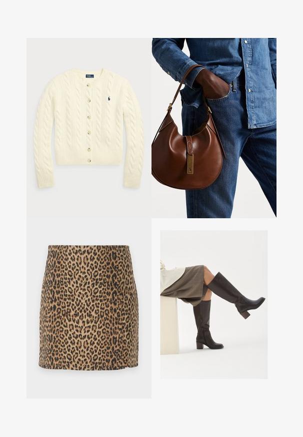 Polo Ralph Lauren CABLE-KNIT WOOL-CASHMERE CARDIGAN - Casaco de malha - authentic cream; Duas blusas de gola alta caneladas sem mangas, uma em castanho e outra em preto, exibidas num fundo branco liso.; Saia mini em padrão de leopardo, com um design ajustado e uma textura suave, fundo bege e manchas pretas. As bordas são acabadas de forma limpa e sem adornos.; Botas castanhas de couro até ao joelho, com bico quadrado, salto robusto e fecho lateral em zíper. Textura suave com um acabamento polido.; Bolsa hobo de couro castanho com forma arredondada, apresentando um acabamento em metal dourado e costura em contraste. Combinada com uma camisa de ganga e jeans.