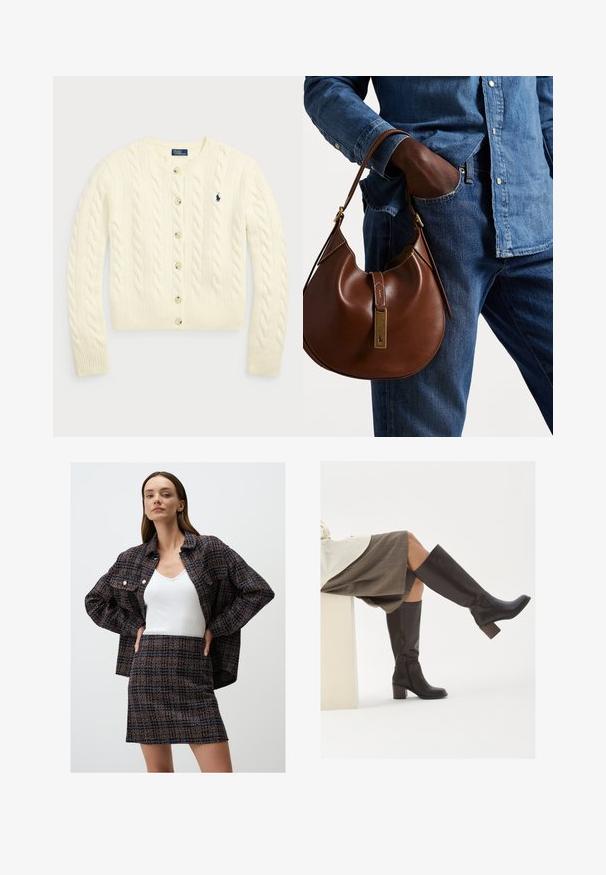 Polo Ralph Lauren CABLE-KNIT WOOL-CASHMERE CARDIGAN - Strickjacke - authentic cream; Zwei ärmellose, gerippte Rollkragenoberteile in Braun und Schwarz, auf einem schlichten weißen Hintergrund präsentiert.; Texturierte marineblaue Jacke mit orangefarbenen Akzenten, weißem Tanktop und passendem texturiertem Minirock. Die Jacke hat Knöpfe und einen oversized Schnitt.; Braune Lederstiefel bis zum Knie mit eckiger Zehenpartie, blockiertem Absatz und seitlichem Reißverschluss. Glatte Oberfläche mit polierter Optik.; Braune Leder-Hobo-Tasche mit runder Form, ausgestattet mit goldenen Hardware-Details und kontrastierenden Nähten. Kombiniert mit einem Jeanshemd und Jeans.