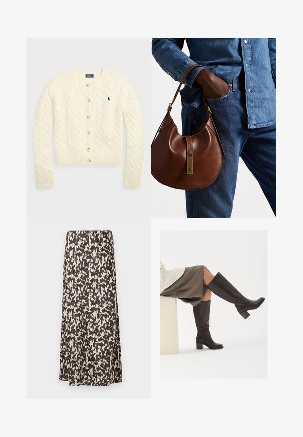 Polo Ralph Lauren - Kardigan; Dwie bezrękawnikowe, prążkowane bluzki z golfem w kolorze brązowym i czarnym, prezentowane na jednolitym białym tle.; Brąskowa spódnica z białym abstrakcyjnym wzorem, o zwiewnym fasonie i gładkiej teksturze, sięgająca do połowy łydki.; Brązowe skórzane kozaki do kolan z kwadratowym czubkiem, grubym obcasem i bocznym zamkiem błyskawicznym. Gładka faktura z polerowanym wykończeniem.; Brązowa skórzana torebka hobo w zaokrąglonym kształcie, z akcentami w złotym kolorze i kontrastowym przeszyciem. Połączona z dżinsową koszulą i spodniami dżinsowymi.