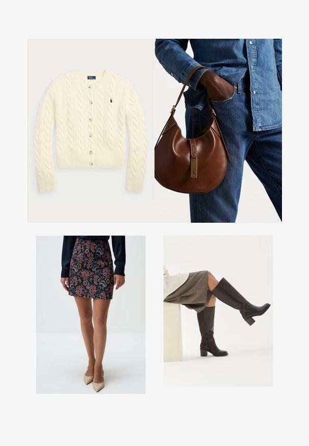Polo Ralph Lauren CABLE-KNIT WOOL-CASHMERE CARDIGAN - Strickjacke - authentic cream; Zwei ärmellose, gerippte Rollkragenoberteile in Braun und Schwarz, auf einem schlichten weißen Hintergrund präsentiert.; Minirock mit Blumenmuster in Marineblau mit roten und lila Akzenten, aus strukturiertem Stoff gefertigt. Kombiniert mit nude-farbigen, spitzen High Heels.; Braune Lederstiefel bis zum Knie mit eckiger Zehenpartie, blockiertem Absatz und seitlichem Reißverschluss. Glatte Oberfläche mit polierter Optik.; Braune Leder-Hobo-Tasche mit runder Form, ausgestattet mit goldenen Hardware-Details und kontrastierenden Nähten. Kombiniert mit einem Jeanshemd und Jeans.