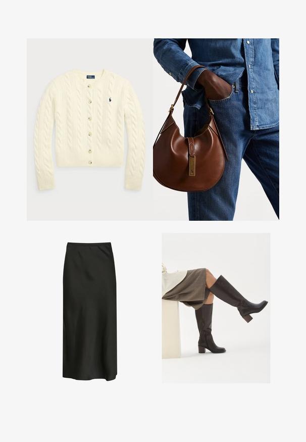 Polo Ralph Lauren CABLE-KNIT WOOL-CASHMERE CARDIGAN - Gilet - authentic cream; Deux tops à col roulé sans manches en marron et noir, présentés sur un fond blanc uni.; Jupe midi noire fabriquée en tissu lisse et léger. Présente un design simple avec une taille élastique et une légère brillance.; Bottes en cuir marron, montantes jusqu'au genou, avec un bout carré, un talon épais et une fermeture éclair latérale. Texture lisse avec une finition polie.; Sac en cuir marron de style hobo avec une forme arrondie, mettant en avant un accent en métal doré et des coutures contrastantes. Assorti à une chemise en denim et un jean.