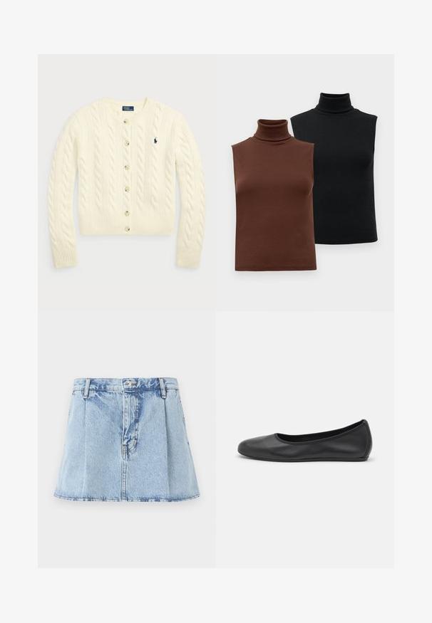 Polo Ralph Lauren CABLE-KNIT WOOL-CASHMERE CARDIGAN - Gilet - authentic cream; Deux tops à col roulé sans manches en marron et noir, présentés sur un fond blanc uni.; Jupe en denim mini en bleu clair, avec une taille ajustée, un devant plissé et une décoloration subtile. Design classique à cinq poches avec un bouton métallique.; Ballerines en cuir noir avec un bout rond, texture lisse, détails de couture minimalistes et design de semelle flexible.
