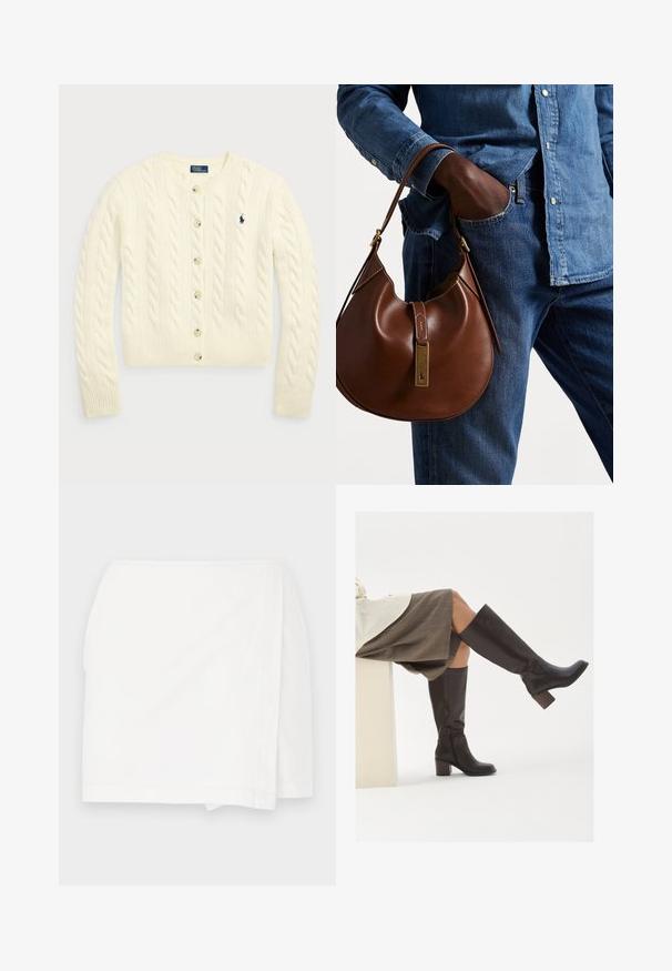 Polo Ralph Lauren CABLE-KNIT WOOL-CASHMERE CARDIGAN - Kardigán - authentic cream; Dve bezrukávové rebrované rolákové topy v hnedej a čiernej farbe, zobrazené na plain bielom pozadí.; Biela sukňa so rovný strihom, zavinovacím dizajnom a čistými okrajmi. Vyrobená z ľahkej tkaniny s hladkou textúrou a bez viditeľných vzorov.; Hnedé kožené vysoké čižmy po kolená s obdĺžnikovou špičkou, robustným podpätkom a bočným zipsom. Hladká textúra s lesklým povrchom.; Hnedá kožená hobo taška s okrúhlym tvarom, so zlatými kovovými akcentmi a kontrastným prešívaním. V kombinácii s džínsovou košeľou a džínsami.