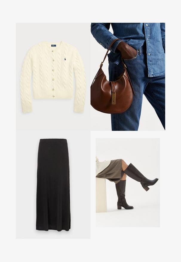 Polo Ralph Lauren CABLE-KNIT WOOL-CASHMERE CARDIGAN - Kardiganas - authentic cream; Duos bežinių megztų be rankovių turndekų, vienas rudas, kitas juodas, pristatyti ant balto fono.; Juodas maksi sijonas, pagamintas iš minkštos medžiagos, pasižymintis tiesia siluetu su šonine įplėša, lygi tekstūra ir elastine juosmens juosta.; Rudi odiniai kanyo ilgio batai su kvadratiniu pirštu, storu kulnu ir šoniniu užtrauktuku. Lygus paviršius su blizgiu apdaila.; Ruda odinė hobo kuprinė su suapvalinta forma, turinti auksinius aksesuarus ir kontrastingą siuvinėjimą. Derinama su džinsiniu marškinėliu ir džinsais.